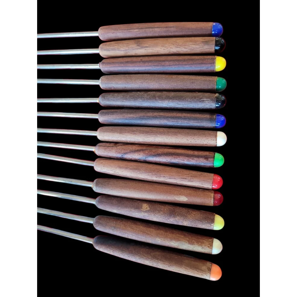 13 Vintage Fondue Forks Brown Handle With Colorful End Stainless Japan
